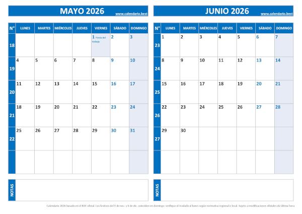 Calendario mayo y junio 2026 para imprimir en 1 página horizontal, plantilla azul (PDF y JPG)