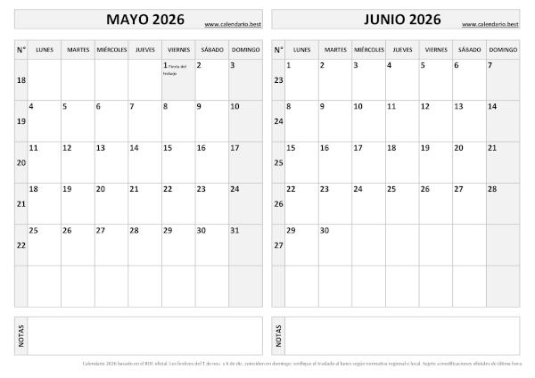 Calendario de mayo y junio 2026 en blanco para imprimir