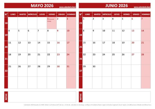 Calendario de mayo y junio de 2026 para imprimir con números de semana, diseño rojo