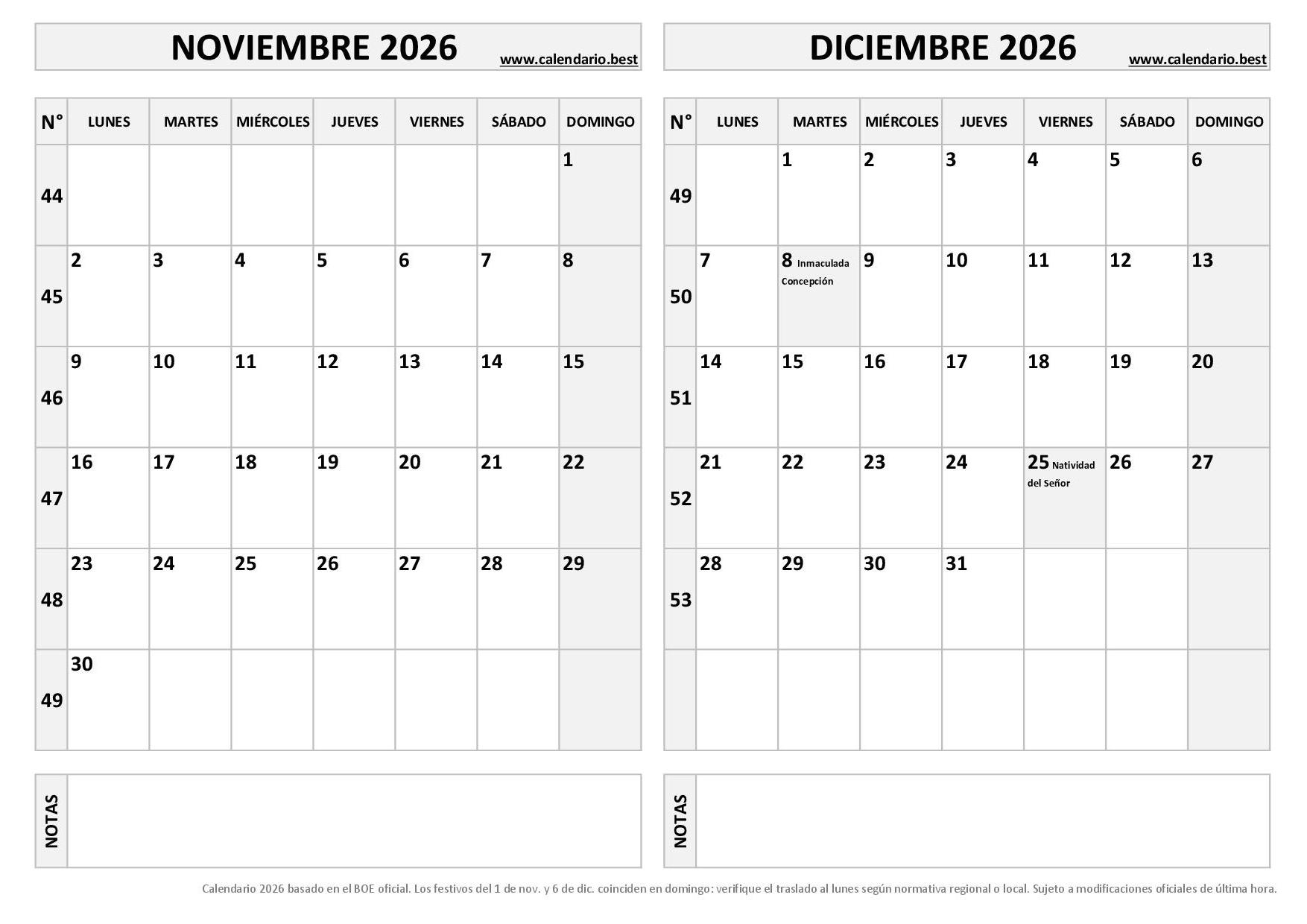 Calendario Noviembre Y Diciembre 2026 Para Imprimir PDF Y JPG Calendario Noviembre Y Diciembre 2026 Para Imprimir PDF Y JPG