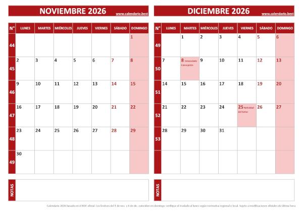 Calendario de noviembre y diciembre de 2026 para imprimir con números de semana, diseño rojo