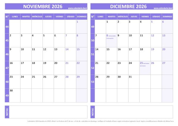 Calendario noviembre y diciembre 2026 para imprimir gratis, diseño violeta elegante (PDF y JPG)