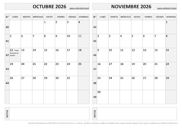 Calendario octubre y noviembre 2026 en blanco y negro para imprimir gratis, plantilla básica (PDF y JPG)