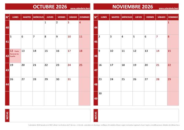 Calendario de octubre y noviembre 2026 para imprimir