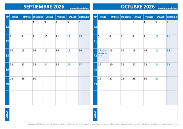 Calendario septiembre y octubre 2026 para imprimir en 1 página horizontal, plantilla azul (PDF y JPG)