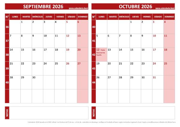 Calendario de septiembre y octubre 2026 para imprimir