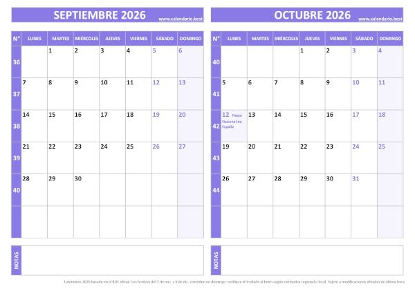 Calendario septiembre y octubre 2026 para imprimir gratis, diseño violeta elegante (PDF y JPG)