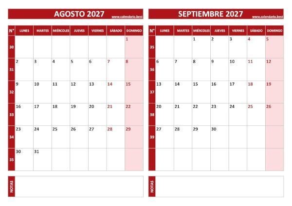 Calendario de agosto y septiembre de 2027 para imprimir con números de semana, diseño rojo