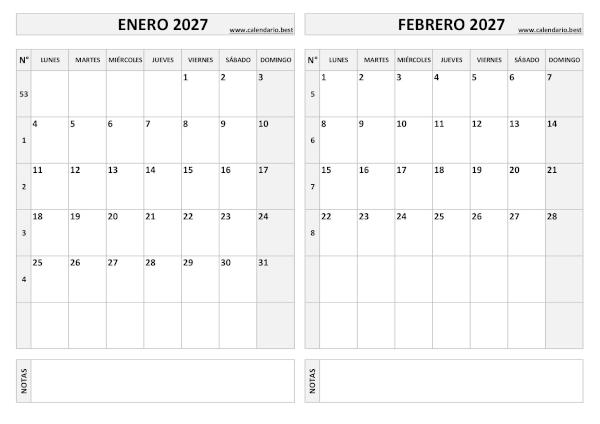 Calendario de enero y febrero 2027 para imprimir