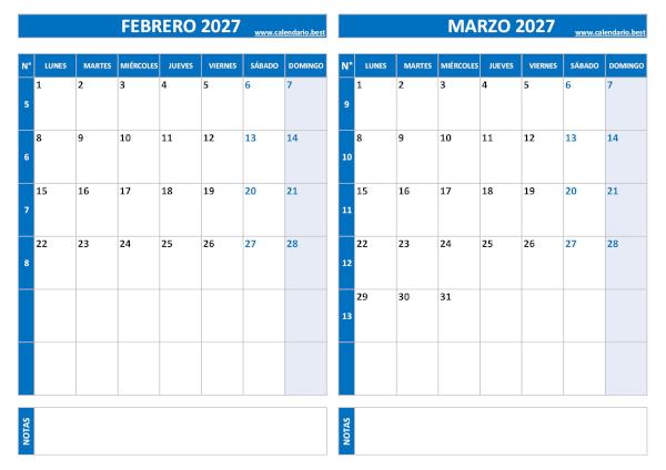 Calendario de febrero y marzo 2027 en azul con números de semana para imprimir