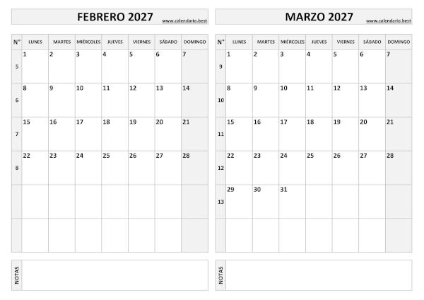 Calendario febrero y marzo 2027 en blanco y negro para imprimir gratis, plantilla básica (PDF y JPG)