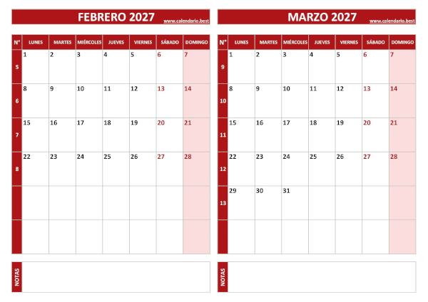 Calendario de febrero y marzo de 2027 para imprimir con números de semana, diseño rojo