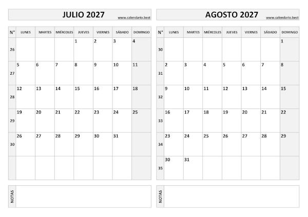 Calendario bimestral de julio y agosto de 2027 en blanco y negro, con números de semana