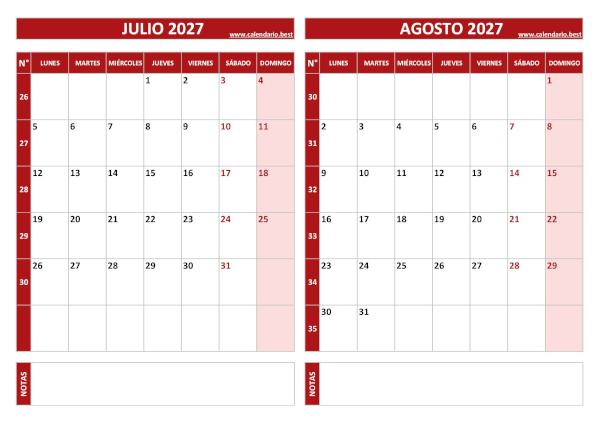 Calendario de julio y agosto de 2027 para imprimir con números de semana, diseño rojo