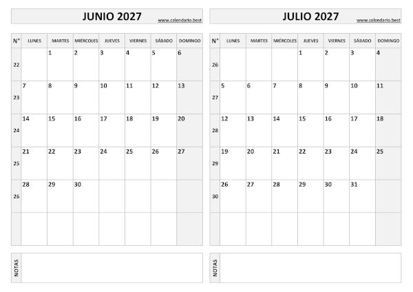 Calendario junio y julio 2027 en blanco y negro para imprimir gratis, plantilla básica (PDF y JPG)