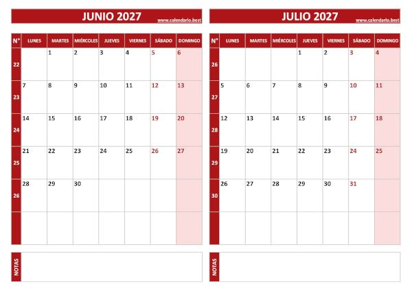 Calendario de junio y julio de 2027 para imprimir con números de semana, diseño rojo