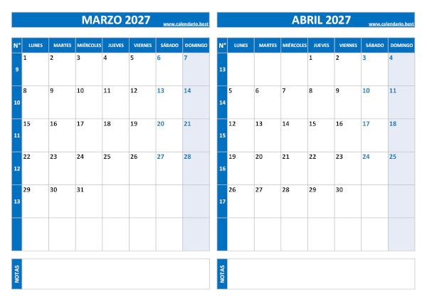 Calendario de marzo y abril 2027 en azul con números de semana para imprimir