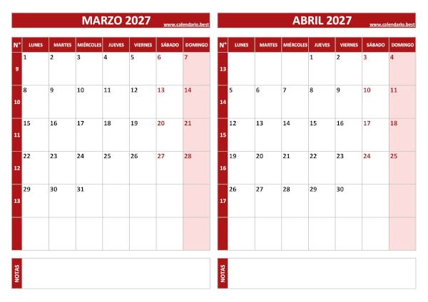 Calendario de marzo y abril de 2027 para imprimir con números de semana, diseño rojo