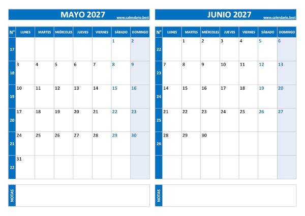 Calendario de mayo y junio 2027 en azul con números de semana para imprimir