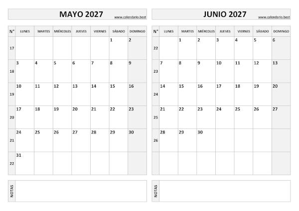 Calendario mayo y junio 2027 en blanco y negro para imprimir gratis, plantilla básica (PDF y JPG)
