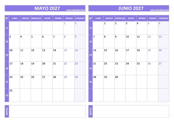 Calendario mayo y junio 2027 para imprimir gratis, diseño violeta elegante (PDF y JPG)