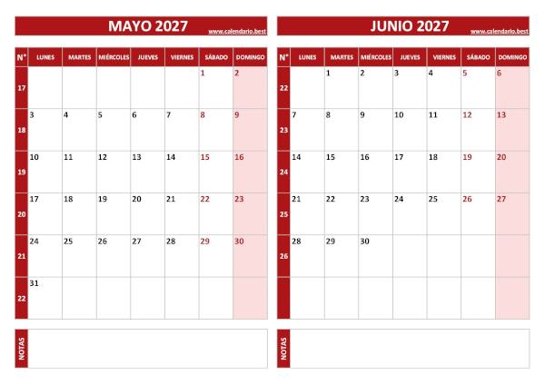 Calendario de mayo y junio de 2027 para imprimir con números de semana, diseño rojo