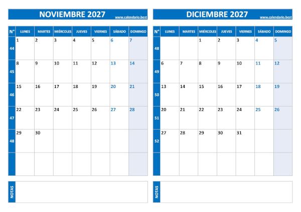 Calendario de noviembre y diciembre 2027 en azul con números de semana para imprimir