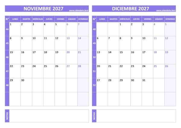 Calendario noviembre y diciembre 2027 para imprimir gratis, diseño violeta elegante (PDF y JPG)