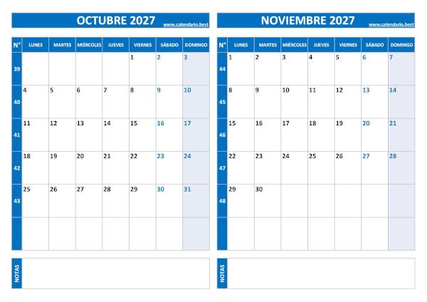 Calendario de octubre y noviembre 2027 en azul con números de semana para imprimir