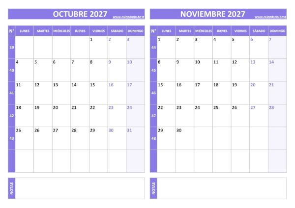 Calendario octubre y noviembre 2027 para imprimir gratis, diseño violeta elegante (PDF y JPG)