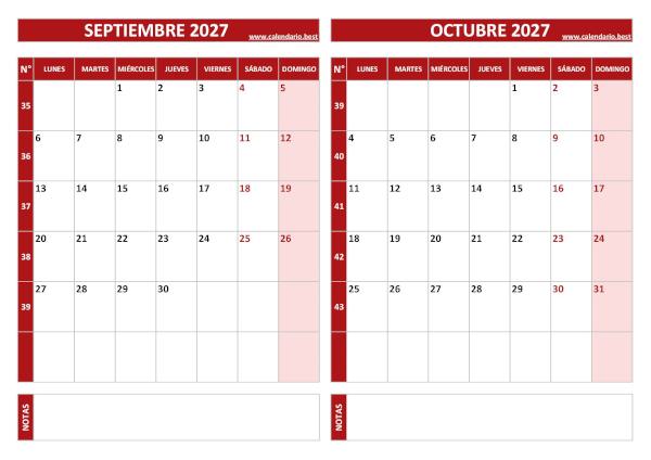 Calendario de septiembre y octubre de 2027 para imprimir con números de semana, diseño rojo