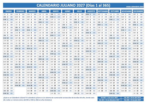 Calendario juliano 2027 con días del año del 001 al 365 para imprimir