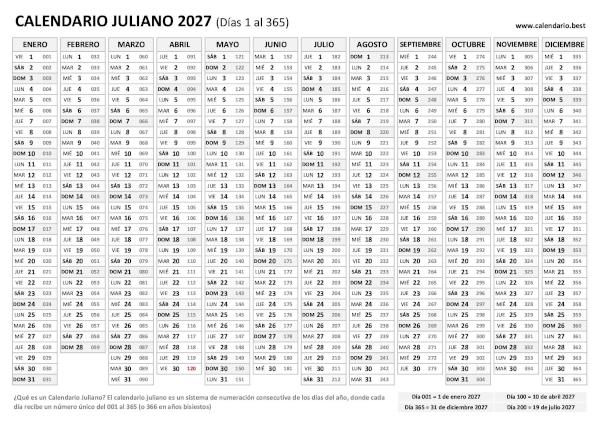 Calendario juliano 2027 en blanco y negro con los días del año del 001 al 365