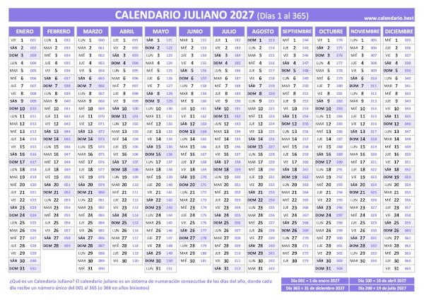 Calendario juliano 2027 morado con los días del año del 001 al 365