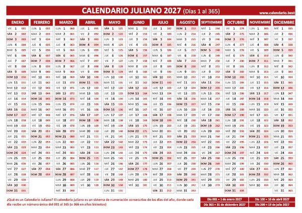 Calendario juliano 2027 rojo con los días del año del 001 al 365