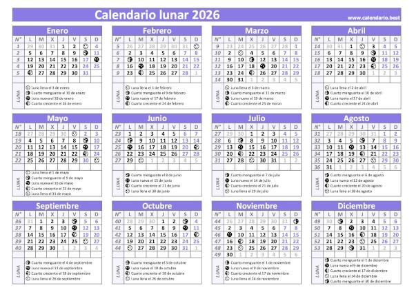 Calendario lunar 2026 en morado con fases de la Luna para imprimir
