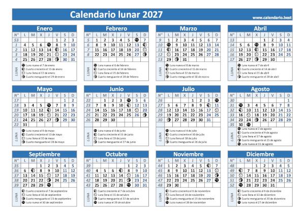 Calendario lunar 2027 con fases de la Luna para imprimir
