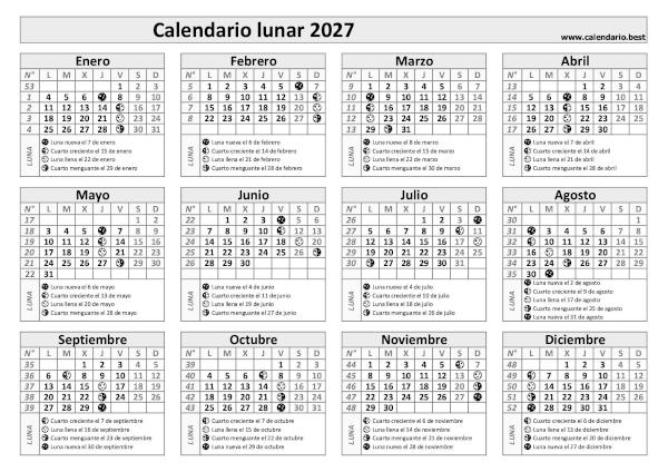 Calendario lunar 2027 en blanco y negro con fases de la Luna para imprimir