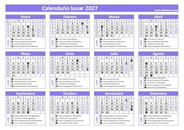 Calendario lunar 2027 morado con fases de la Luna para imprimir