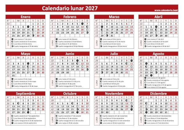Calendario lunar 2027 rojo con fases de la Luna para imprimir