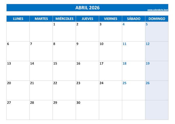 Calendario de abril de 2026 en blanco para imprimir