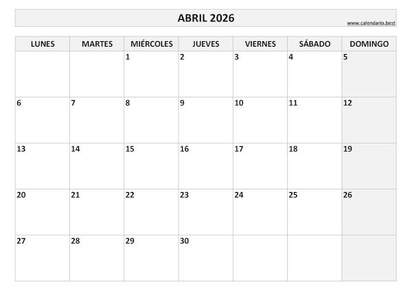 Calendario abril 2026 en blanco y negro para imprimir gratis, plantilla básica (PDF y JPG)