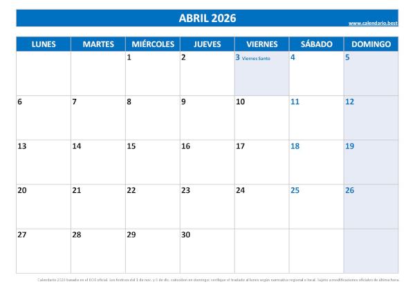 Calendario laboral abril 2026 con festivos nacionales para imprimir gratis, plantilla azul (PDF y JPG)