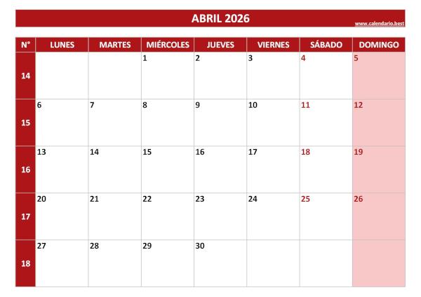 Calendario abril 2026 con semanas en color rojo descargar PDF