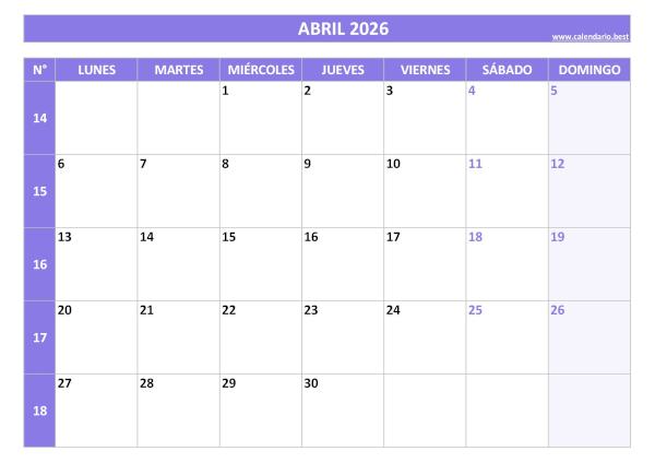 Calendario abril 2026 con números de semana para imprimir gratis, plantilla morada (PDF y JPG)