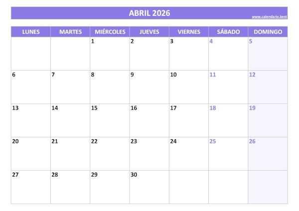Calendario abril 2026 para imprimir gratis, diseño violeta elegante (PDF y JPG)