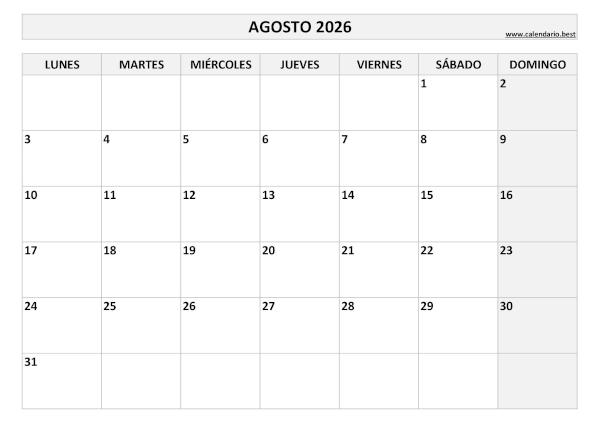 Calendario agosto 2026 en blanco y negro para imprimir gratis, plantilla básica (PDF y JPG)