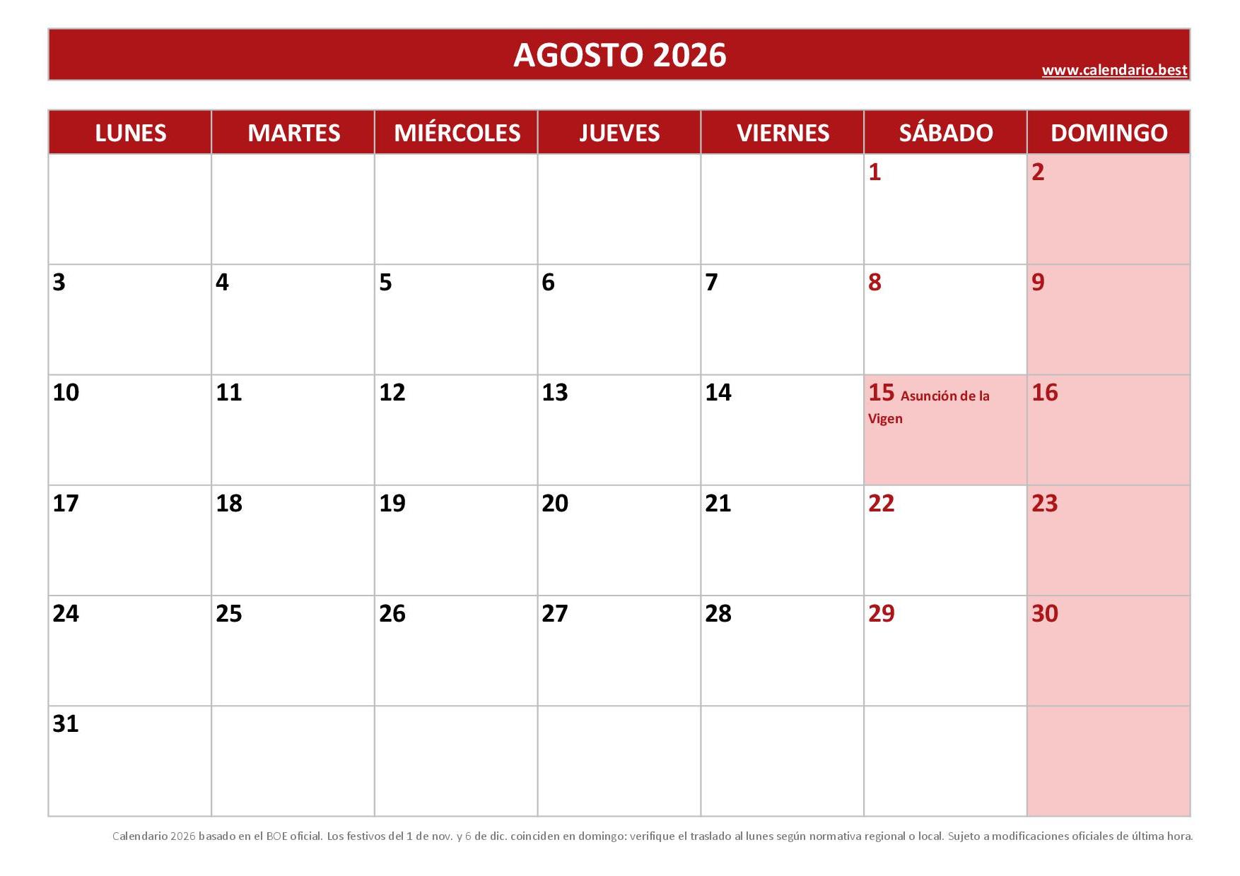 Calendario Mensual 2026 Para Imprimir Plantillas En PDF Y JPG