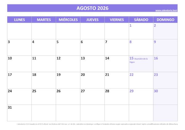 Calendario laboral agosto 2026 con festivos nacionales para imprimir gratis, plantilla morada (PDF y JPG)