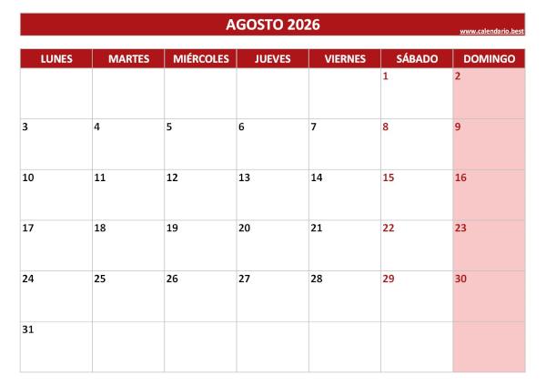 Calendario agosto 2026 para imprimir en blanco, plantilla roja (PDF y JPG)